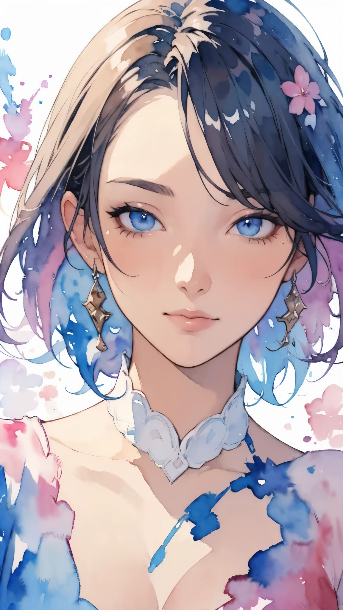 (masterpiece),(Highest quality:1.2),(Very detailed:1.2),(High resolution),((Watercolor)),8K,Woman portrait,Very beautiful face,Paint Splashes,Bold colors,Dynamic brushwork,Fantasy