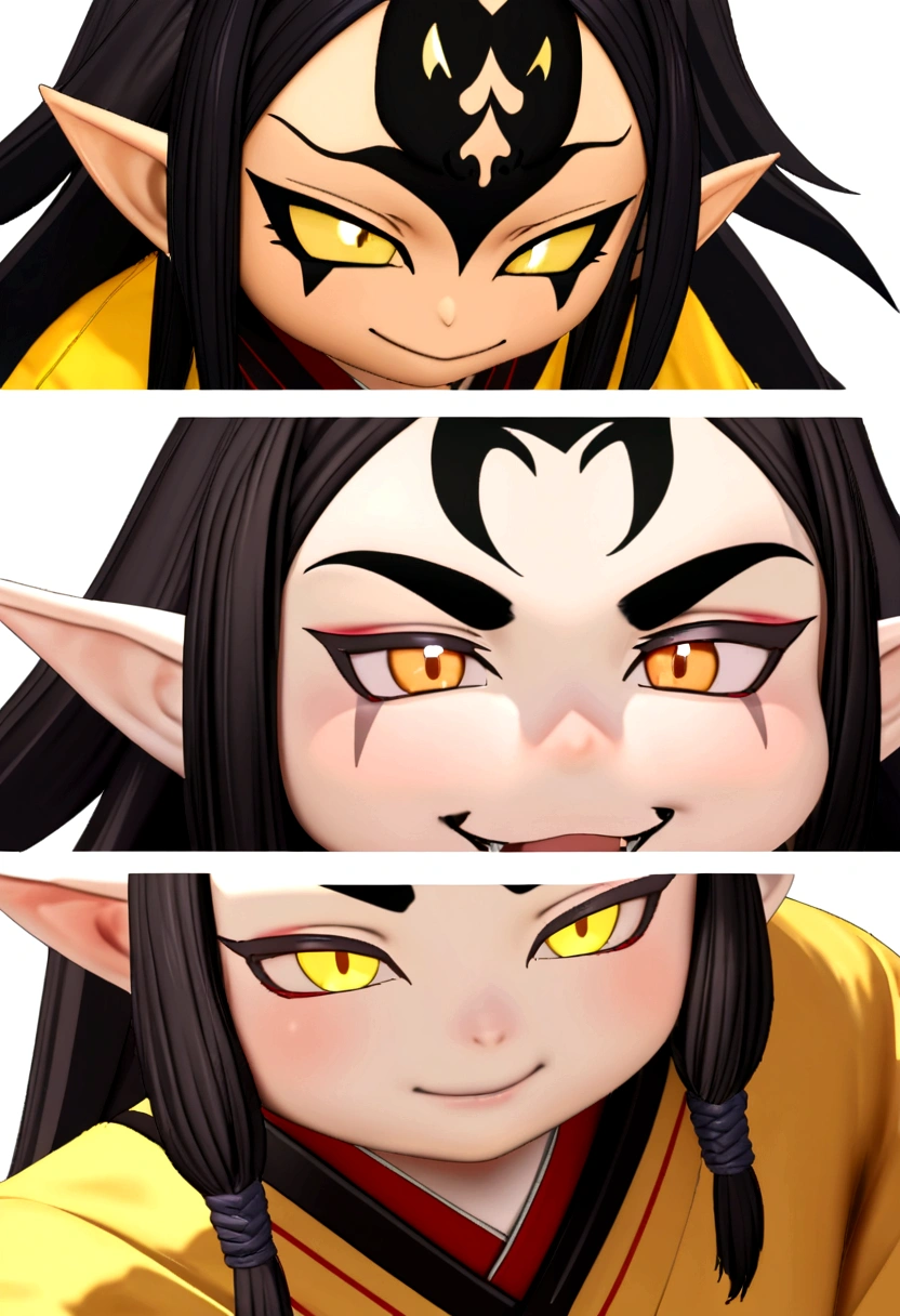 anime character with dreads and red and yellow outfit, second life avatar, close up half body photo, full body close-up, Full-body close-up, negotiating non pxiv, character up close, cute japanese demon boy, inspired by Yang Jin, inspired by Ren Xiong, malicious smile, a male elf