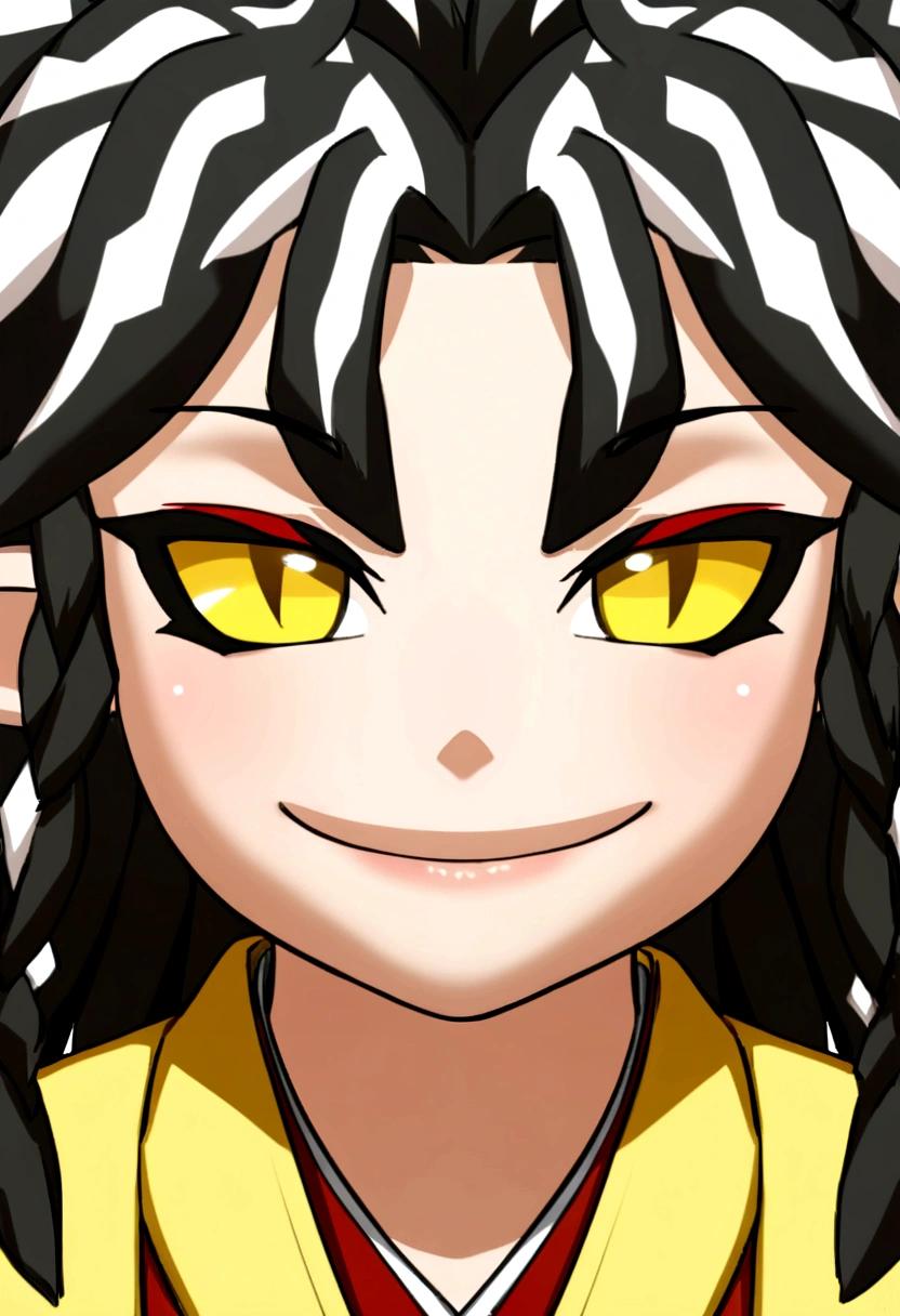anime character with dreads and red and yellow outfit, second life avatar, close up half body photo, full body close-up, Full-body close-up, negotiating non pxiv, character up close, cute japanese demon boy, inspired by Yang Jin, inspired by Ren Xiong, malicious smile, a male elf