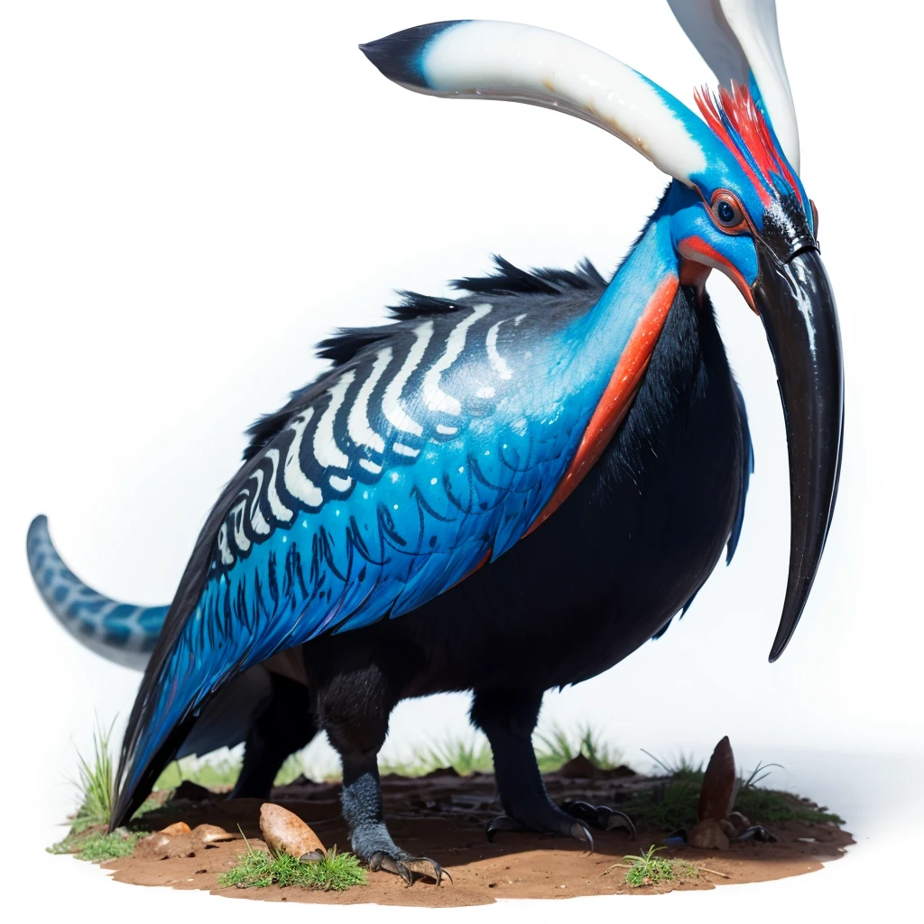 Big Animaly, has white stripes on his skin, blue eyes, cassowary mixed with squid, Grassroots, no background