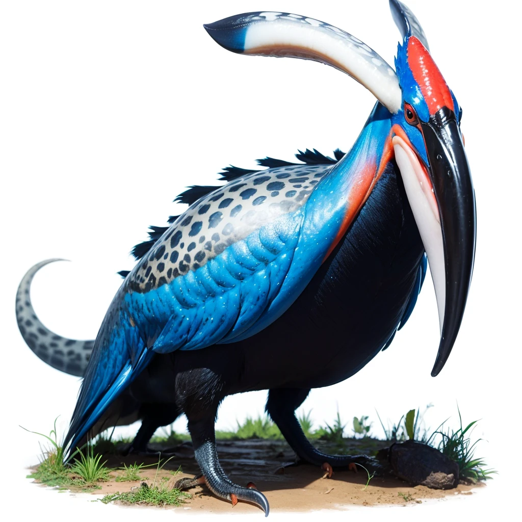 Big Animaly, has white stripes on his skin, blue eyes, cassowary mixed with squid, Grassroots, no background