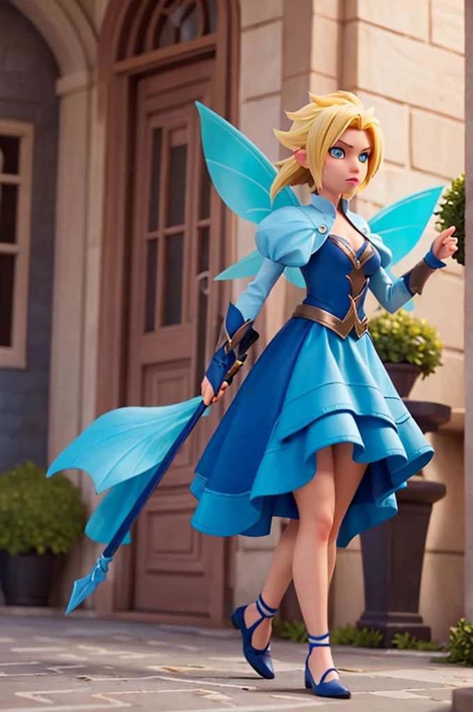 a fairy with blue hair is fighting alongside a with blond hair, against an evil wizard with black clothes elegant