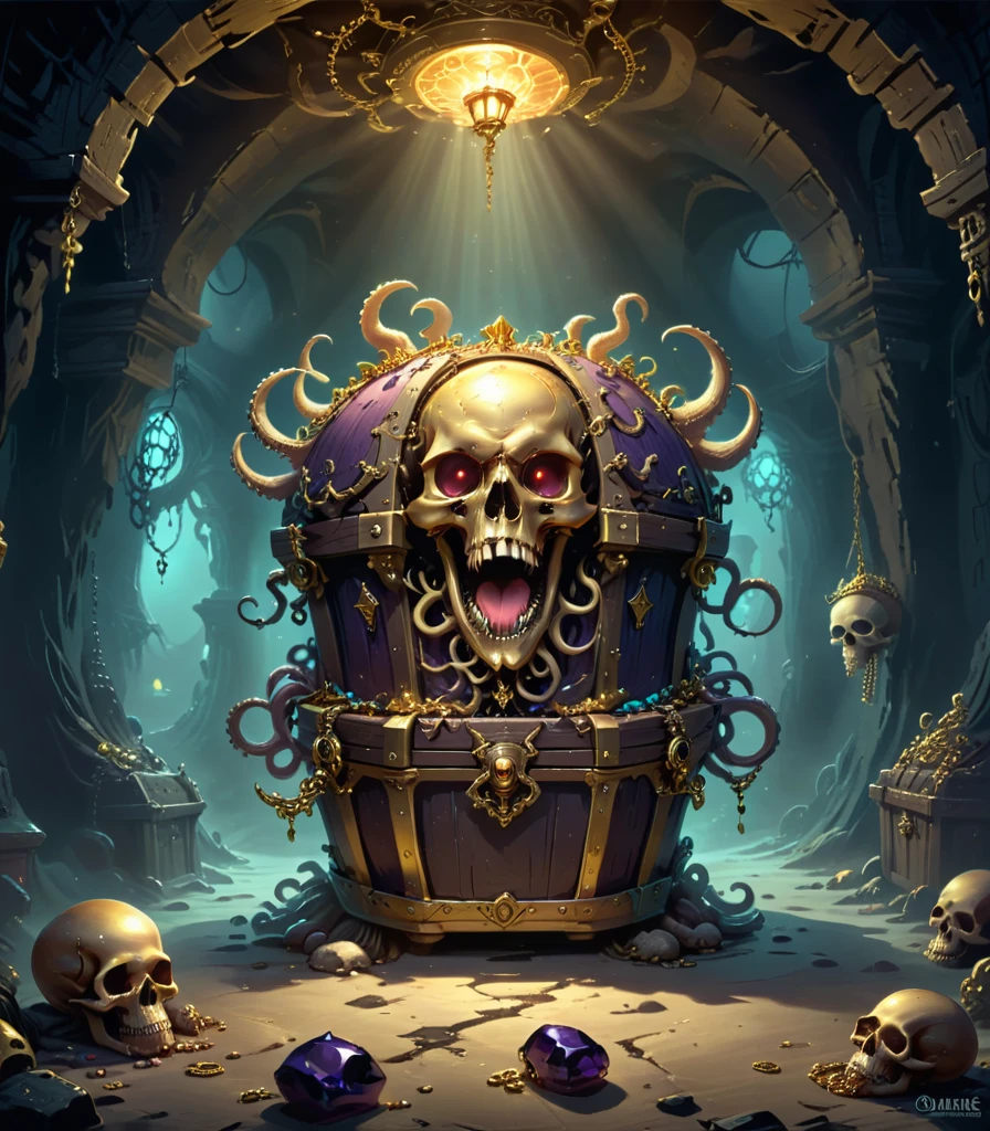 Dungeons，Floating in the air(Monster disguised as a treasure chest), Filled with jewels，1 eyes，One-Eye，Tongue，Tentacles， sharp claws and teeth, Very detailed, Complex design, Gorgeous gold embellishment, ,Ominous Presence, fantasy, Dark gloomy lights, Composition, Dramatic shadows, Rich colors, number, Concept Art, The award-winning，Luminescence example，Ray Tracing，Devout worshippers，Human skulls piled on the ground