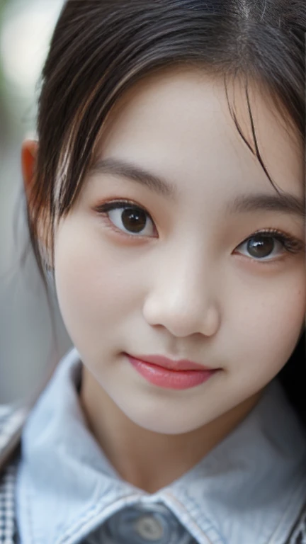 ((Portraiture)), ((Detailed facial features:1. 2))), ((Detailed facial features)), (Detailed skin), Pale skin, (Cool colors), Moist, Moist, Reflective plate, (Tabletop) (Perfect proportions)(Realistic photos)(Highest quality) (indirectly) Photographed with Canon EOS R5, girl、A shy smile、Cowboy Shot、from the front、