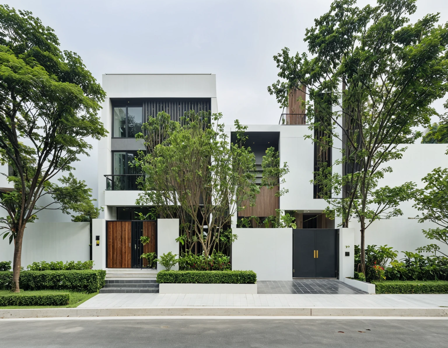 RAW photo, a photo of a modern villa, sidewalk, sidewalk trees, steel gate, road, viet nam modern residence, a car parked in front of it, rough white wall, new residential area, wide angle exterior 2022, contemporary house, exterior photography, masterpiece, contemporary architecture, overcast, indirect lighting