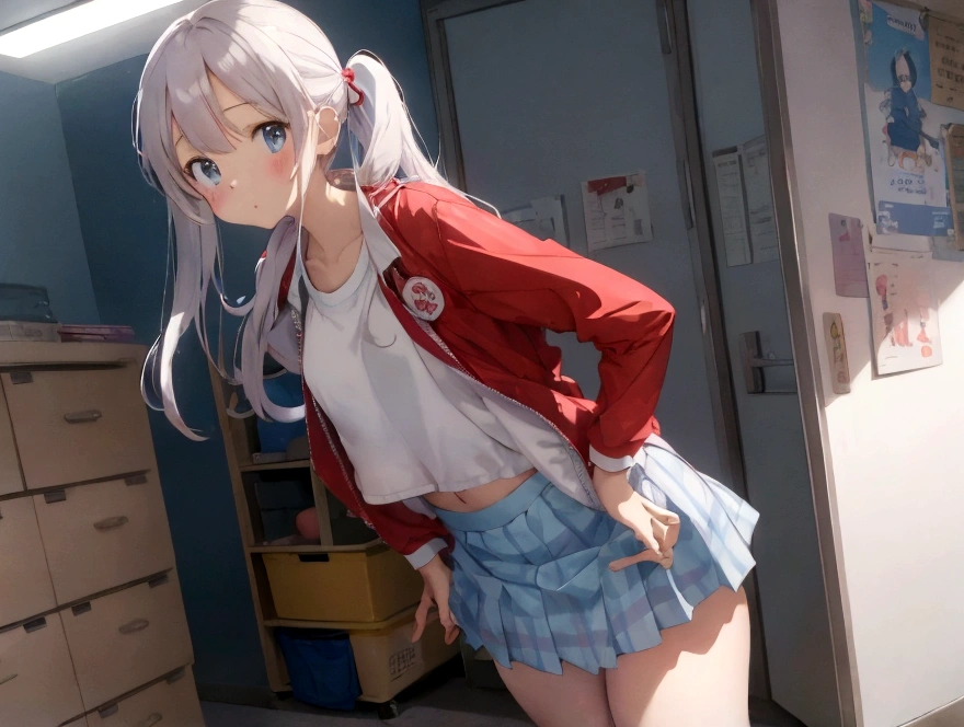 Cute light blue bra、Plain whiteＴshirt、Bright red jacket、A white and blue checked miniskirt that&#39;s so short you can see her underwear、Skirt flip、She lifts her skirt with both hands to show off her cute white underwear、barefoot、A girl is hugged and kissed by a tall boy in gym clothes、classroom