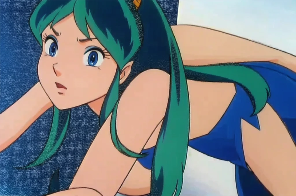 (Realistic:1.5) full body shot, solo, long hair, blue eyes, green hair, horns, leopard tank top,