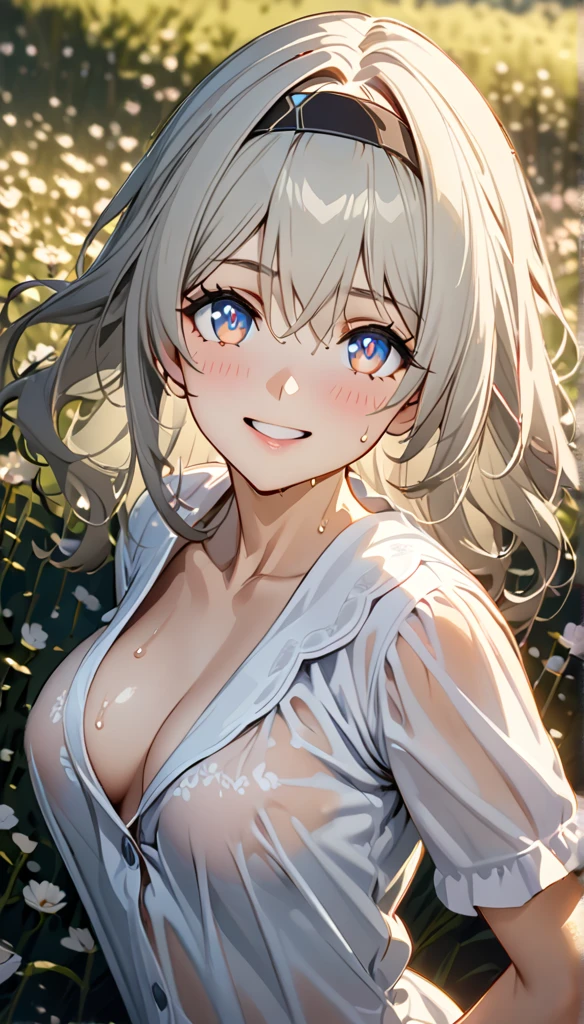 beautiful girl, long grey hair, beautiful face,smiling,close up to hips, beautiful breast, in the middle of flowers field, (open mouth:0.4),illustration,detailed textures(realists),ultra-detailed,portrait style,vivid colors,soft lighting, blushing, mature, hair fluttering, evening light , head band, half body, looking at viewer, cleavages, wearing beautiful night sleepwear, no bra, perky, sweaty, wet clothes