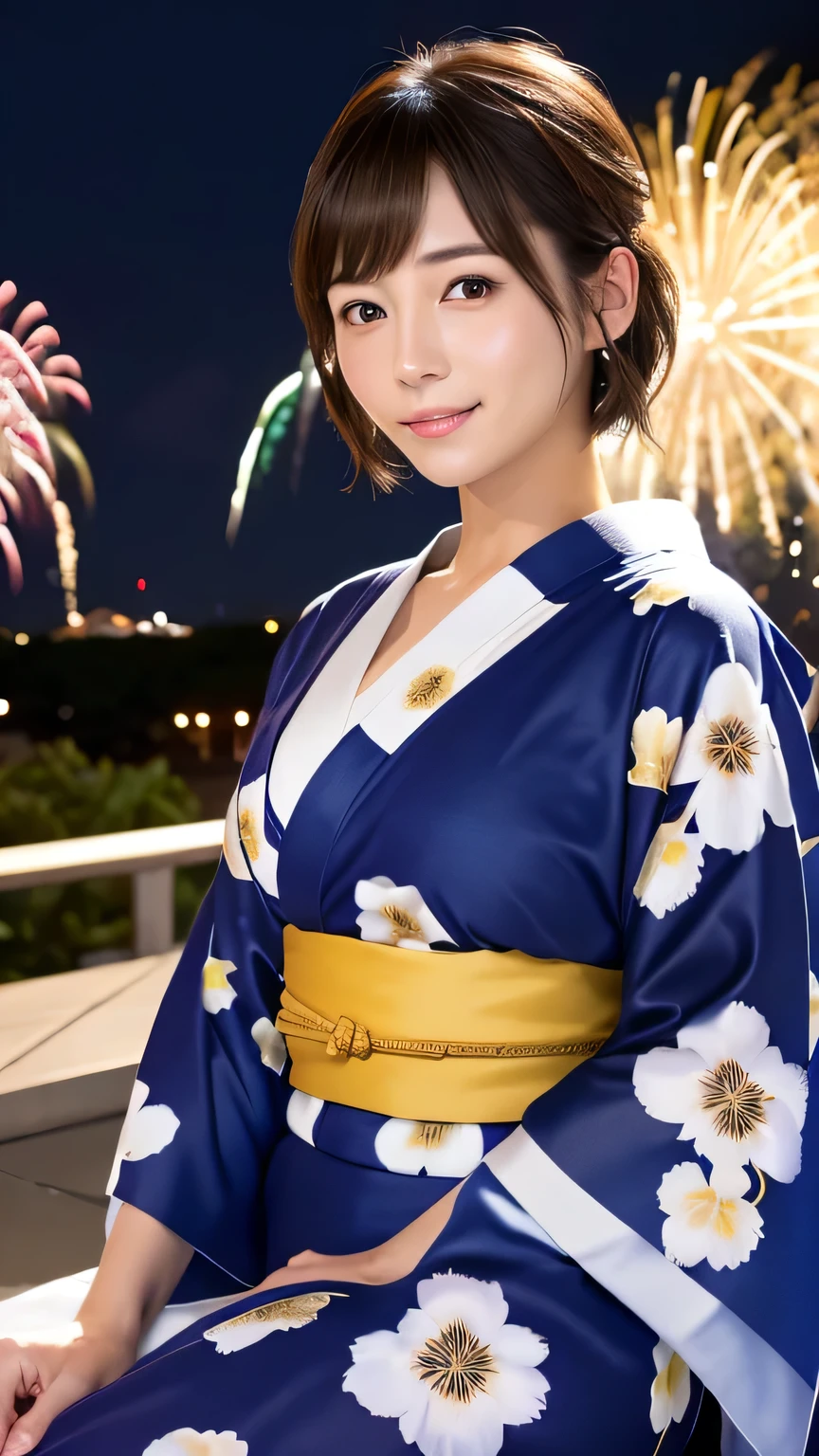 (8K、RAW Photosgraphy、Highest quality、masterpiece:1.2)、(Realistic、Photorealistic:1.37)、Ultra-high resolution、One Girl、cute、solo、night、Sitting、date、(Nose redness)、(Laughter:1.1)、(Closed)、huge 、Beautiful Eyes、(short hair:1.2)、(((Fireworks bursting into the sky、night)))、(((kimono、yukata)))、Cleavage、Perfect body、Perfect Fingers、Professional Lighting、Japanese Goddess、gravure、Detailed face and skin texture、Detailed eyes、RAW Photos