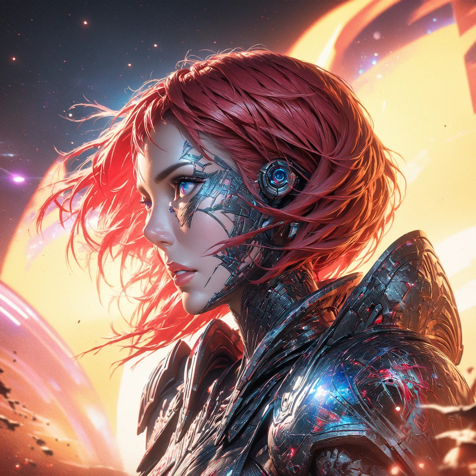 Highly detailed RAW color photo, beautiful young woman, short red hair, dynamic pose, femshepard of mass effect, (wide hips), (detailed skin), (detailed lips), (detailed eyes), (cosmic: 1.4), (necropolis: 1.1), (science fiction setting) (detailed face), (curvy), red clothing, detailed eyes, chromatic aberration, depth of field, soft lighting, masterpiece, best quality, intricate, (lens reflection: 0.7), (flowering: 0.7), particle effects, ray tracing, tone mapping, highly detailed, concept art, smooth, sharp focus, dramatic lighting, highly detailed art, cinematic, hyper-realistic painting, trending on Artstation, 8K, amazing shadows, realistic, (highly detailed background: 1.2), mid-journey art
