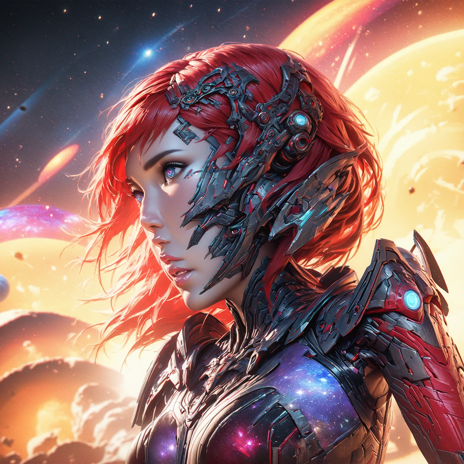 Highly detailed RAW color photo, beautiful young woman, short red hair, dynamic pose, femshepard of mass effect, (wide hips), (detailed skin), (detailed lips), (detailed eyes), (cosmic: 1.4), (necropolis: 1.1), (science fiction setting) (detailed face), (curvy), red clothing, detailed eyes, chromatic aberration, depth of field, soft lighting, masterpiece, best quality, intricate, (lens reflection: 0.7), (flowering: 0.7), particle effects, ray tracing, tone mapping, highly detailed, concept art, smooth, sharp focus, dramatic lighting, highly detailed art, cinematic, hyper-realistic painting, trending on Artstation, 8K, amazing shadows, realistic, (highly detailed background: 1.2), mid-journey art