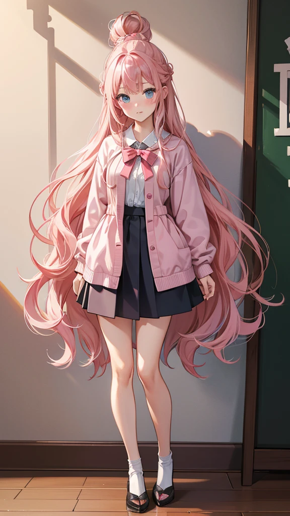 Highest quality、8K、masterpiece、high school girl、kawaii、Long Hair、Pink Hair、eight-headed body、Mature atmosphere、Model Body Type、Standing posture、Private Server、mini skirt、Full body portrait、blush