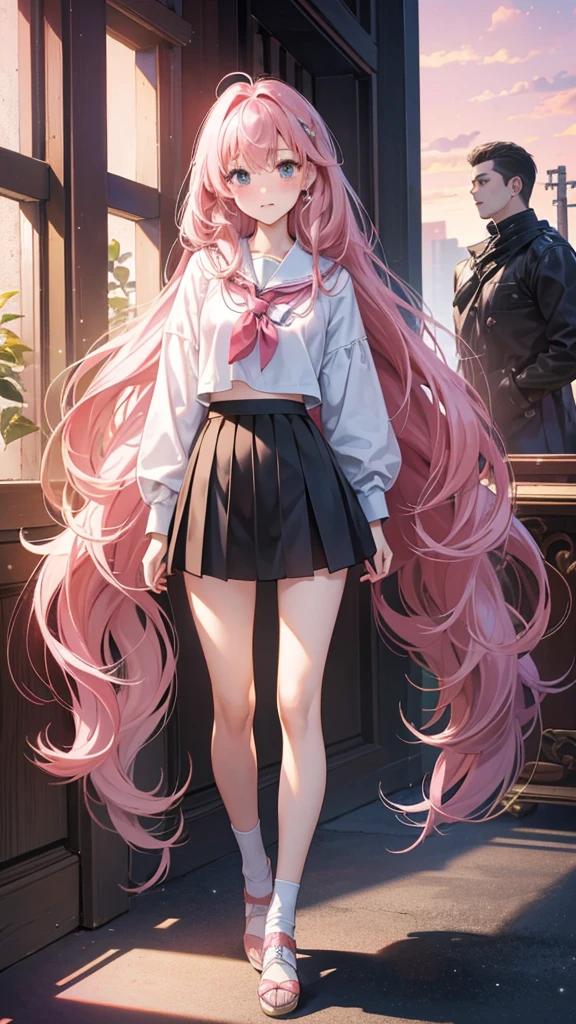 Highest quality、8K、masterpiece、high school girl、kawaii、Long Hair、Pink Hair、eight-headed body、Mature atmosphere、Model Body Type、Standing posture、Private Server、mini skirt、Full body portrait、blush