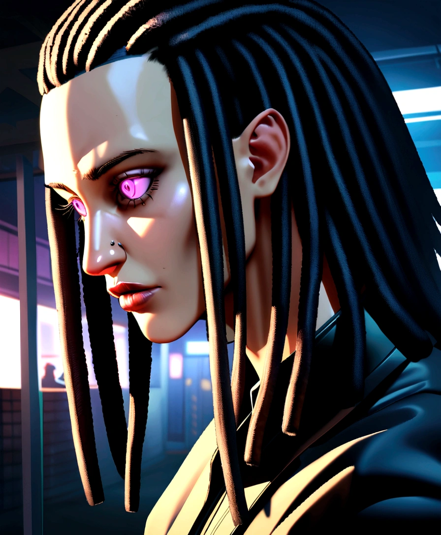 there is a man with dreadlocks and a rot jacket, second life avatar, full body close-up, Full-body close-up, calibrated ears, upper body avatar, piercing look, close up half body photo, ((rot)) bulging eyes, full head shot, half body head shot, highly_detailded_face!!!, ovelha, cyberpunk street henchman