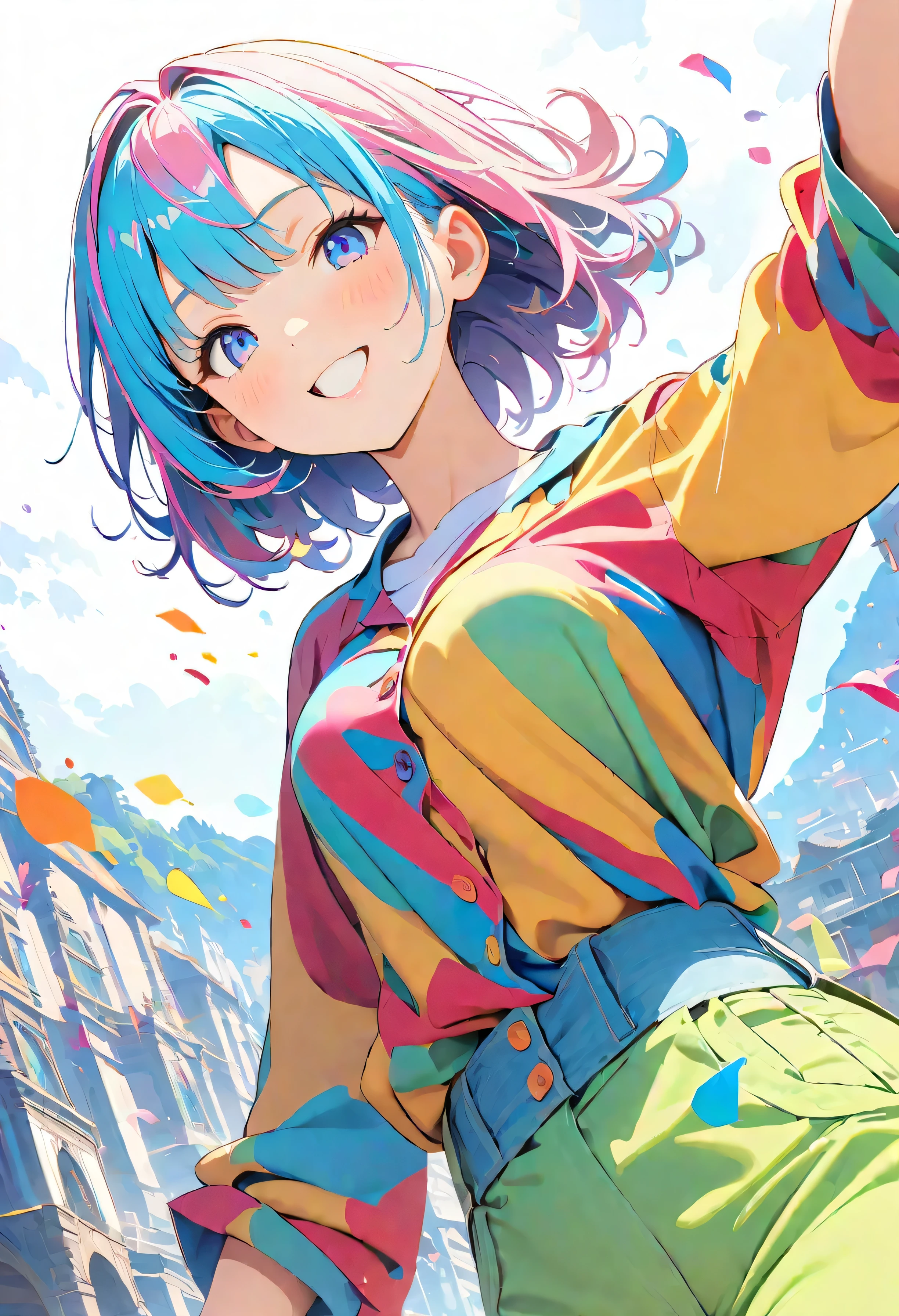 (masterpiece, Highest quality, Official Art:1.2), (colorful), Perfect Anatomy, Looking at the audience,One Girl, alone, White Background, floating colorful water, Ultra-fine illustrations, Highly Details, Dynamic Angle, Beautiful detailed, 8K, 壊す smiling amidst the colorful scenes, (High resolution), Anime Style, Dynamic Angle