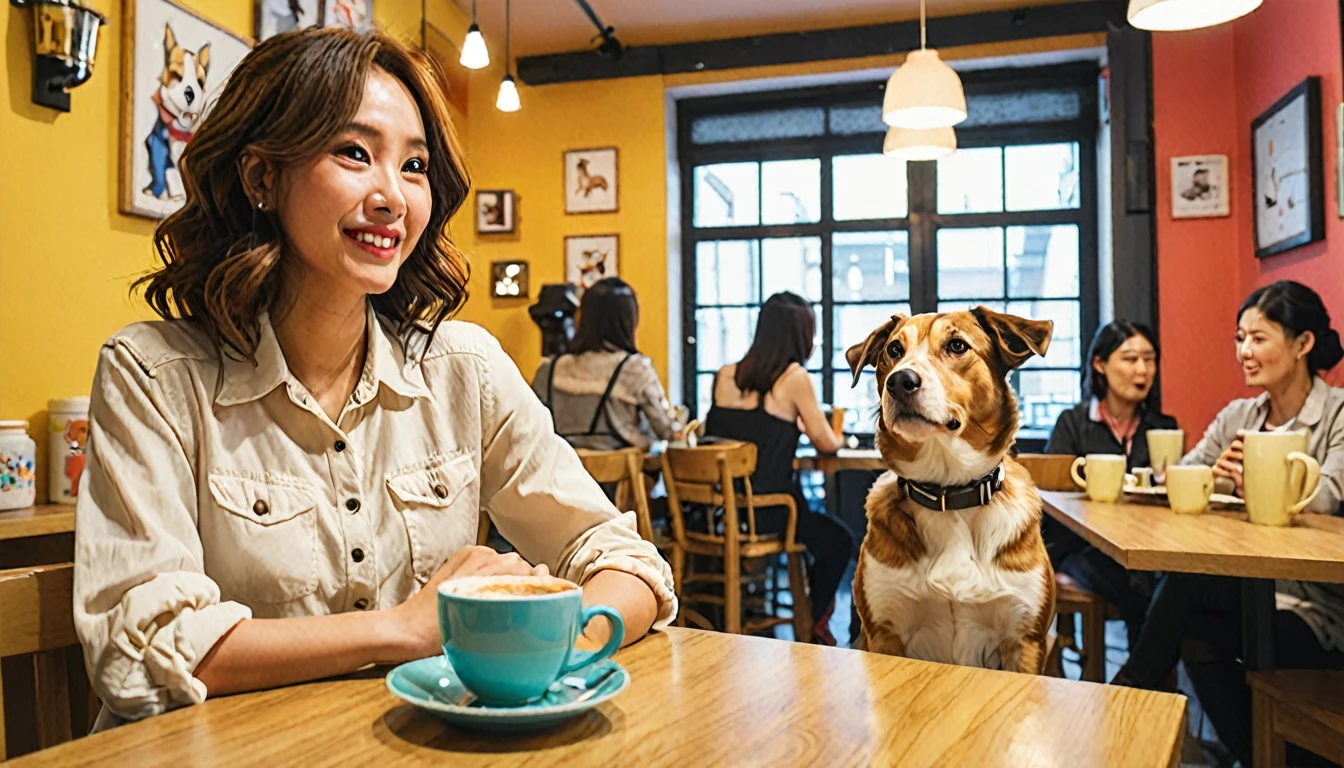 Sitting at a table in a dog cafe２０Woman in her 20s、Sit on a woman&#39;s lap、A brown toy poodle sleeping curled up on your lap。The woman smiled.、Petting a toy poodle。