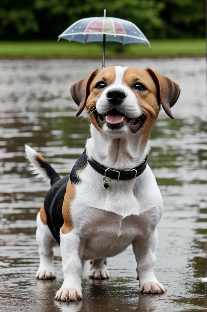 Jack Russel terrier singing in the rain
