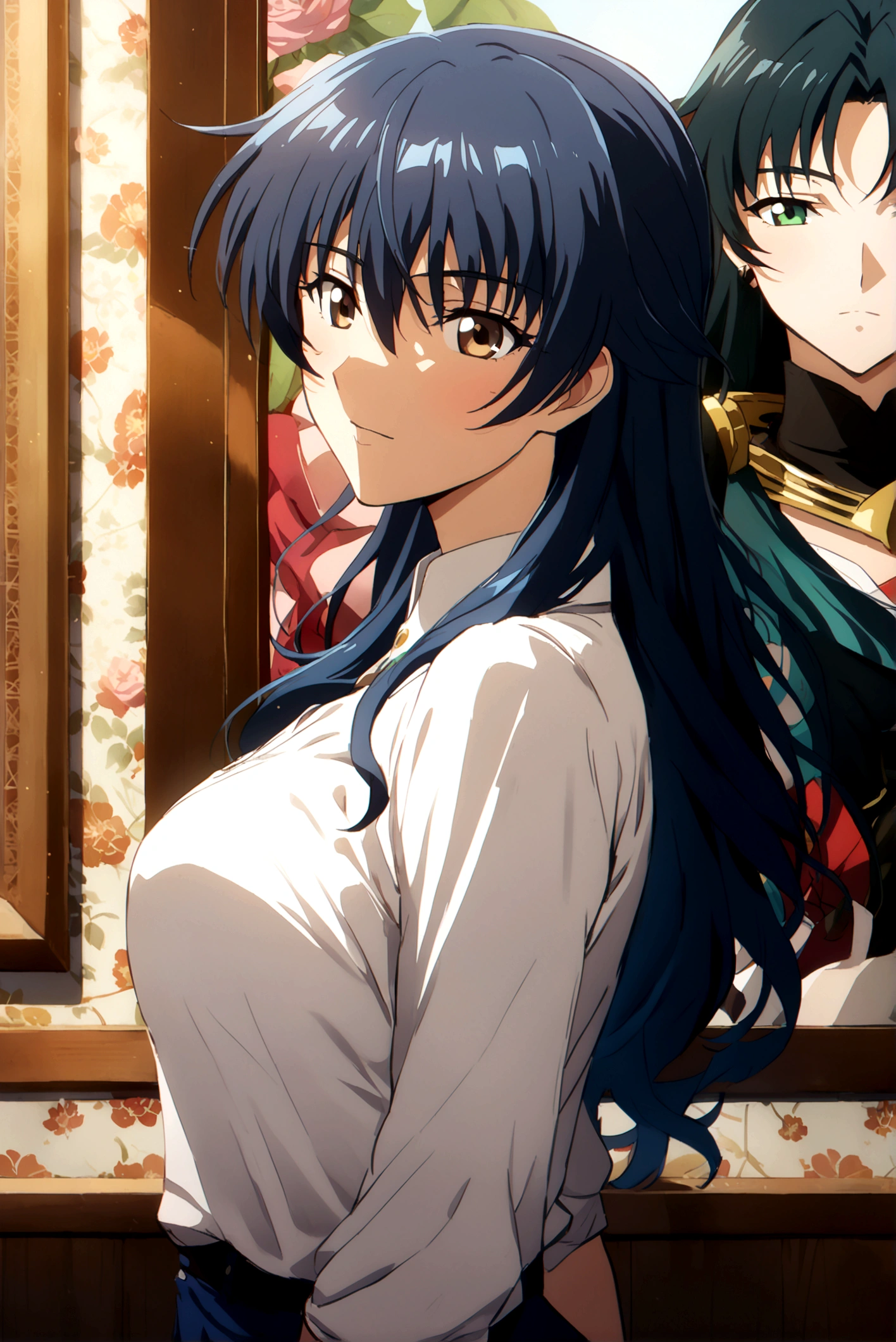 Large Breasts, anime girl with blue hair and green eyes long haired, misato katsuragi, portrait knights of zodiac girl, fubuki, kusanagi, inspired by Rei Kamoi, nico robin, ikki tousen, knights of zodiac girl, juri misaki, gainax anime style, close view 8K,HD,Wallpaper masterpiece 1.3, large ass, casual Clothes, standing beside an handsome guy with black hair and brown eyes, family picture,