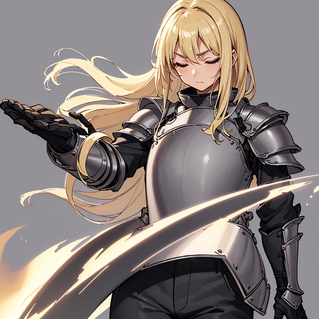 (((Solo)))、Highest quality, Best Quality、(((Gray simple armor、Black trousers))、(woman、18-year-old)、(Blonde、Long Hair)、(Cowboy Shot)、(Simple Background)、(get annoyed)、(Close your eyes、Close your eyes)