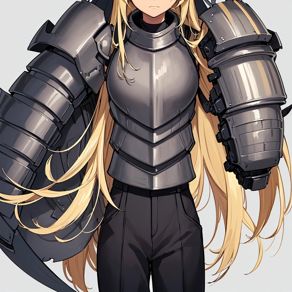 (((Solo)))、Highest quality, Best Quality、(((Gray simple armor、Black trousers))、(woman、18-year-old)、(Blonde、Long Hair)、(Cowboy Shot)、(Simple Background)、(get annoyed)、(Close your eyes、Close your eyes)