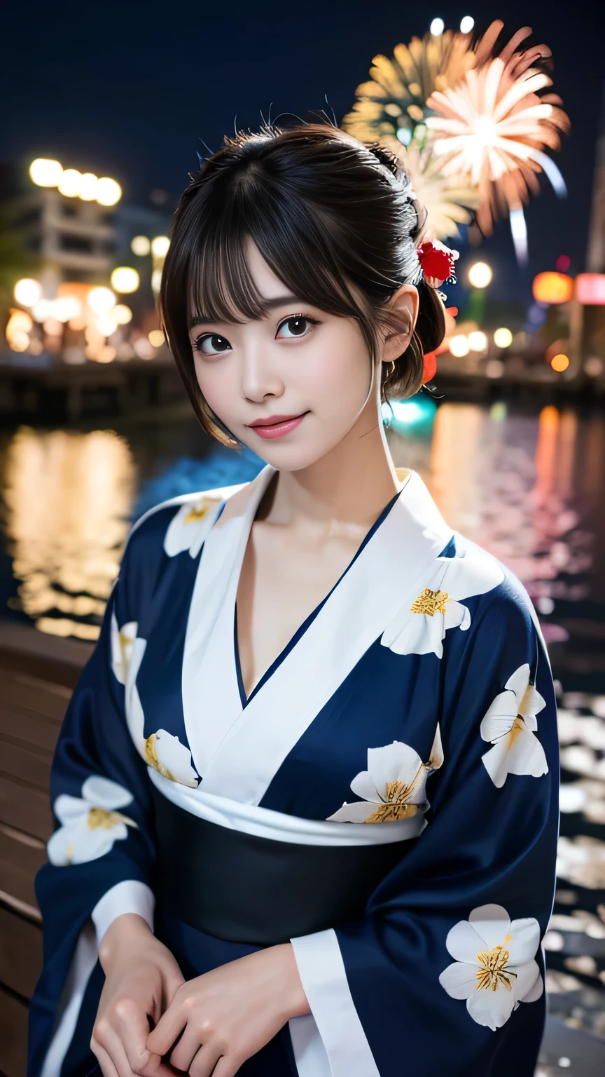 (8K、RAW Photosgraphy、Highest quality、masterpiece:1.2)、(Realistic、Photorealistic:1.37)、Ultra-high resolution、One Girl、cute、solo、night、Sitting、date、(Nose redness)、(Laughter:1.1)、(Closed)、huge 、Beautiful Eyes、(short hair:1.2)、(((Fireworks bursting into the sky、night)))、(((kimono、yukata)))、Cleavage、Perfect body、Perfect Fingers、Professional Lighting、Japanese Goddess、gravure、Detailed face and skin texture、Detailed eyes、RAW Photos