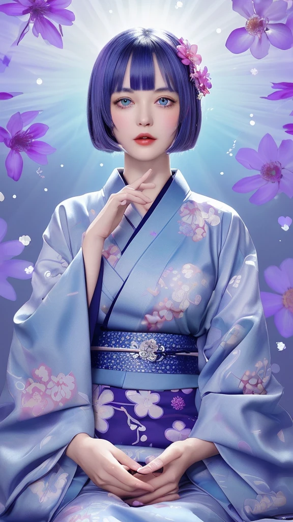 Image size: 9:16、 TikTok Styles and Poses:
・The face is at the center of the image、 Sit in the center、 Image: Holding a blue jewel heart in both hands, with translucent, glossy lips、 Deep blue eyes and silver bob haircut、 Delicate fringe on the forehead, pink flowers in her hair, and kimono-style clothing、 Bright colors and floral design backgrounds and effects:
-Petal-like pattern in the background、 Blue and purple color scheme; Light particles and hazy light effects around; Radiating halo details and textures behind the character: - The character's skin is smooth and silky. - The heart is a transparent blue gem.、 Intricate floral pattern in the center - Vibrant colors and high contrast throughout