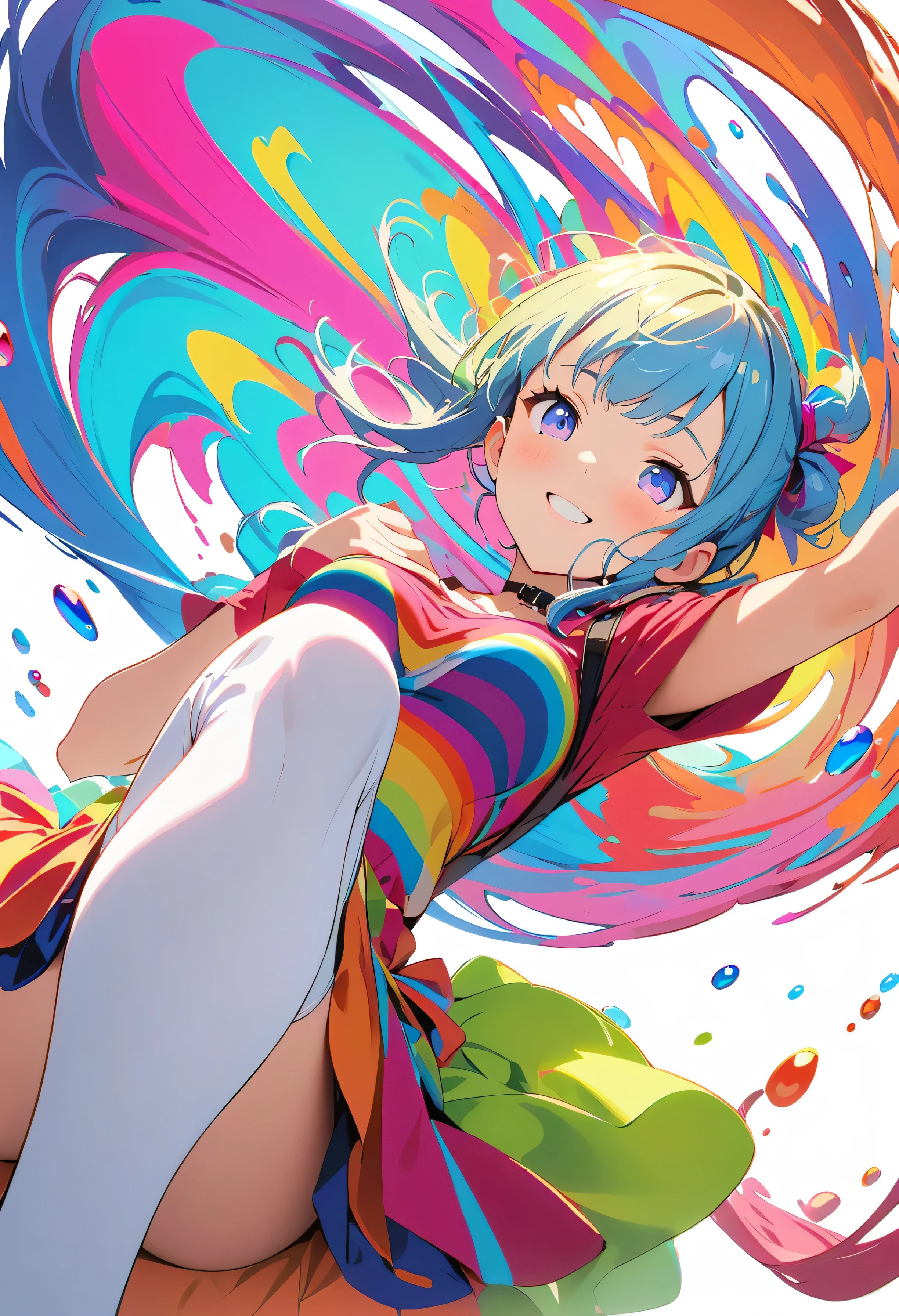 (masterpiece, Highest quality, Official Art:1.2), (colorful), Perfect Anatomy, Looking at the audience,One Girl, alone, White Background, floating colorful water, Ultra-fine illustrations, Highly Details, Dynamic Angle, Beautiful detailed, 8K, 壊す smiling amidst the colorful scenes, (High resolution), Anime Style, Dynamic Angle