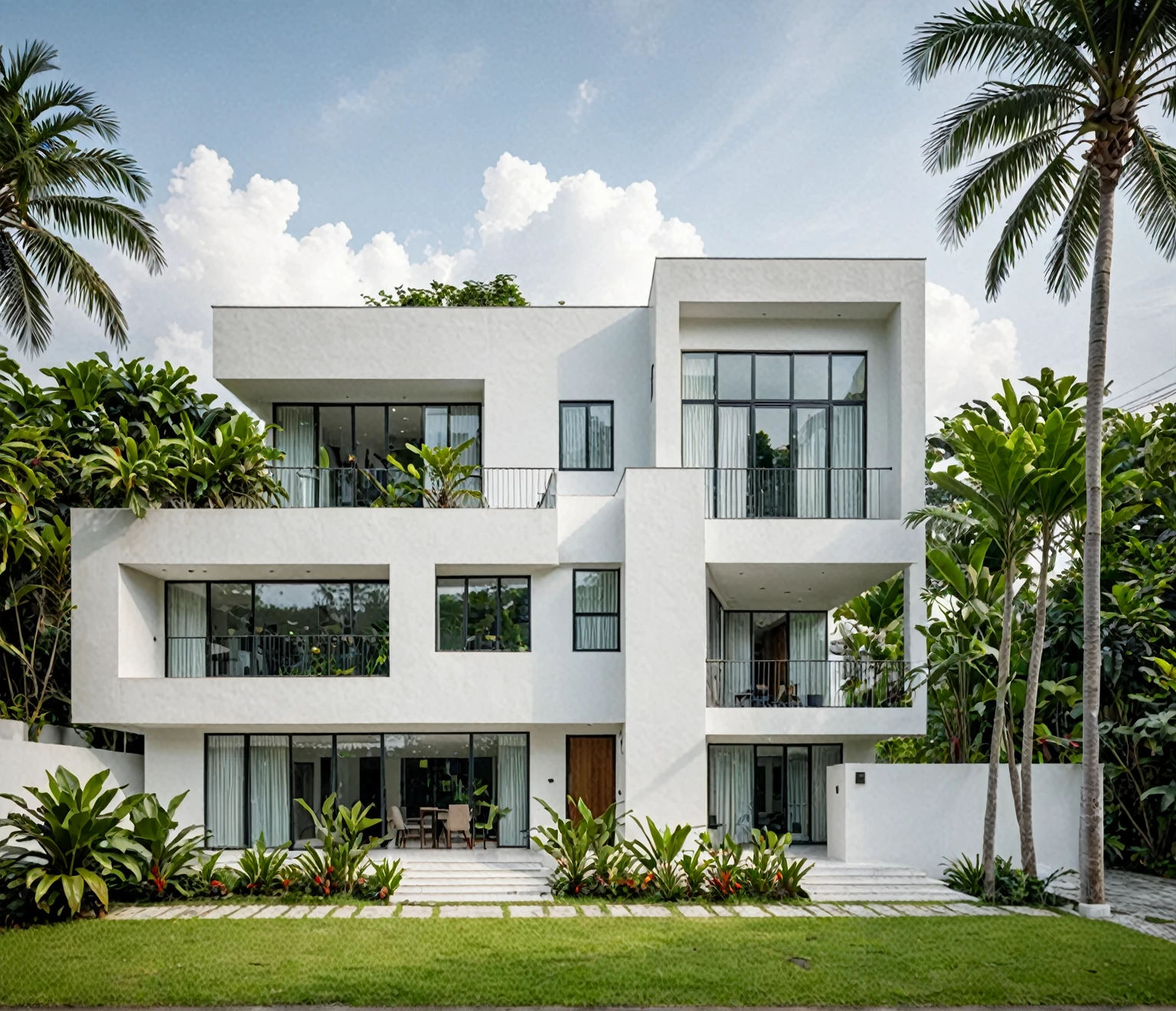 RAW photo,Masterpiece, high quality, best quality, authentic, super detail,
modern house, exterior, modern house with white wall and windows, daylight, tropical trees, tropical garden, the street on Viet Nam, archdaily architecture,
(high detailed :1.2), 8k uhd, dslr, soft lighting, high quality, film grain, Fujifilm XT3