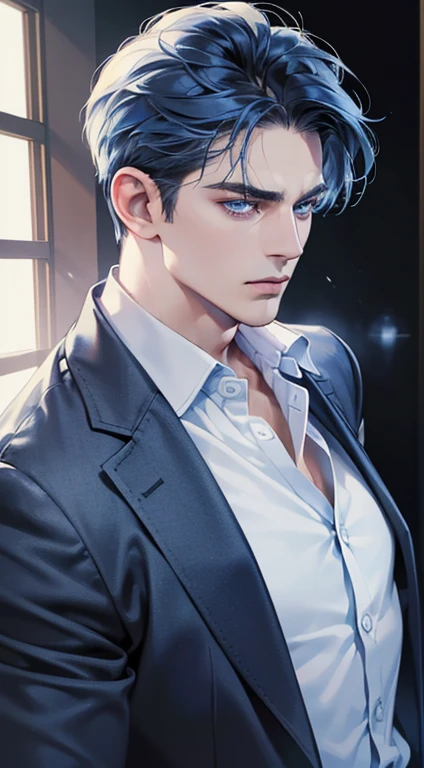 (best quality, masterpiece, 8K, photorealistic, cinematic lighting, 1:4 hdr image, ultra detailed, beautiful image), a mature man, 34 years very handsome, ((cold expression)), short blue hair, blue eyes, face perfect without mistakes, ((buttoning his jacket, CEO))