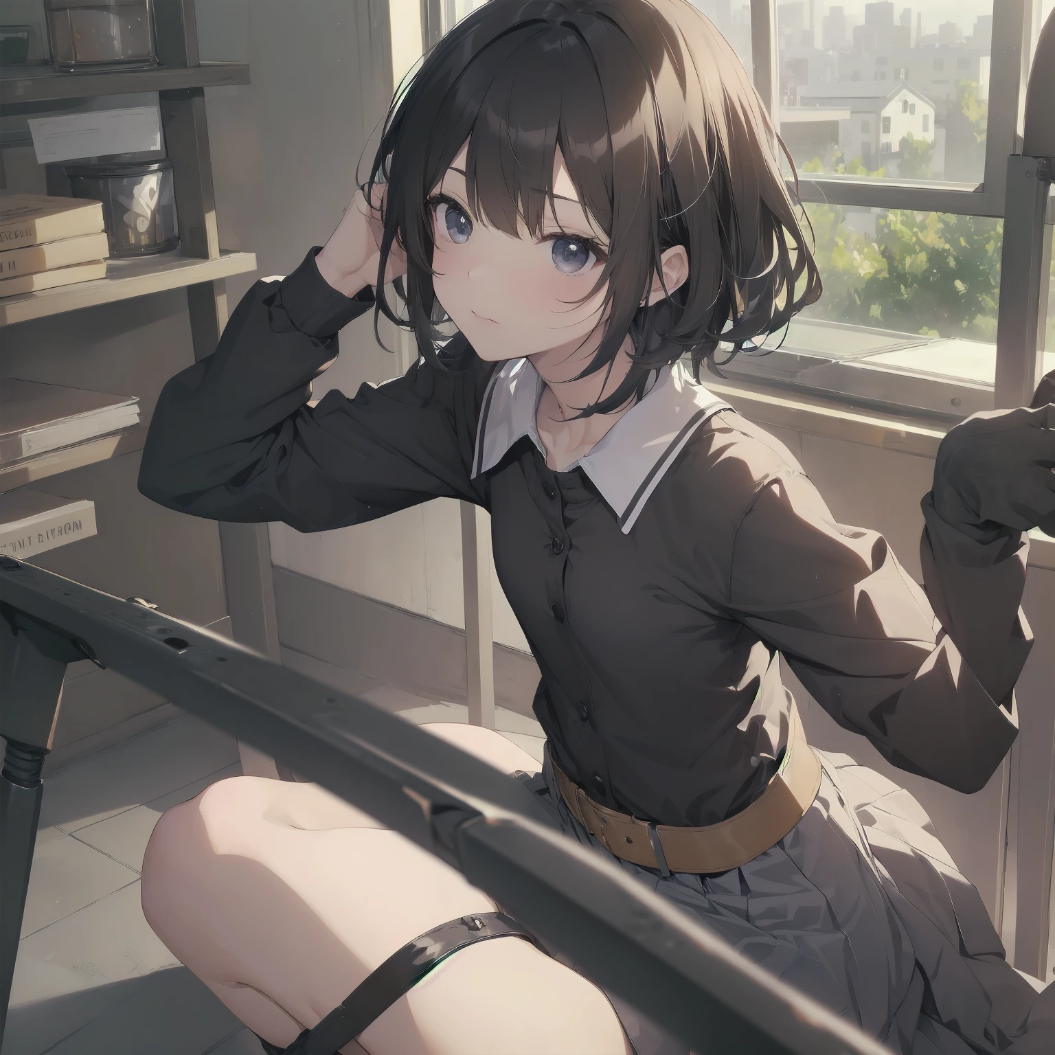 Portraiture, Documentary Films, photograph, 一人の少女は13 years oldのMiddle school studentsである，Short black hair，Small underbust, classroomの机で眠い目をしながら勉強している, short hair, classroom, high quality, Realistic, Eye-level shot, Medium Shot, Front view, Natural light, Learning and fatigue.break,One girl, (alone,Loli face,13 years old:1.5),, The charm of androgyny, (Very short hair), Flat Chest, Small Ass, Beautiful and delicate black eyes, Disgusted Eyes, sitting on a wooden chair, break,((最high quality,Anime Style, Super detailed,High resolution,Highly detailed CG,unity 8k wallpaper,Created by famous artists,Perfect Anatomy,Highly detailed skin,Cinema Lighting)),