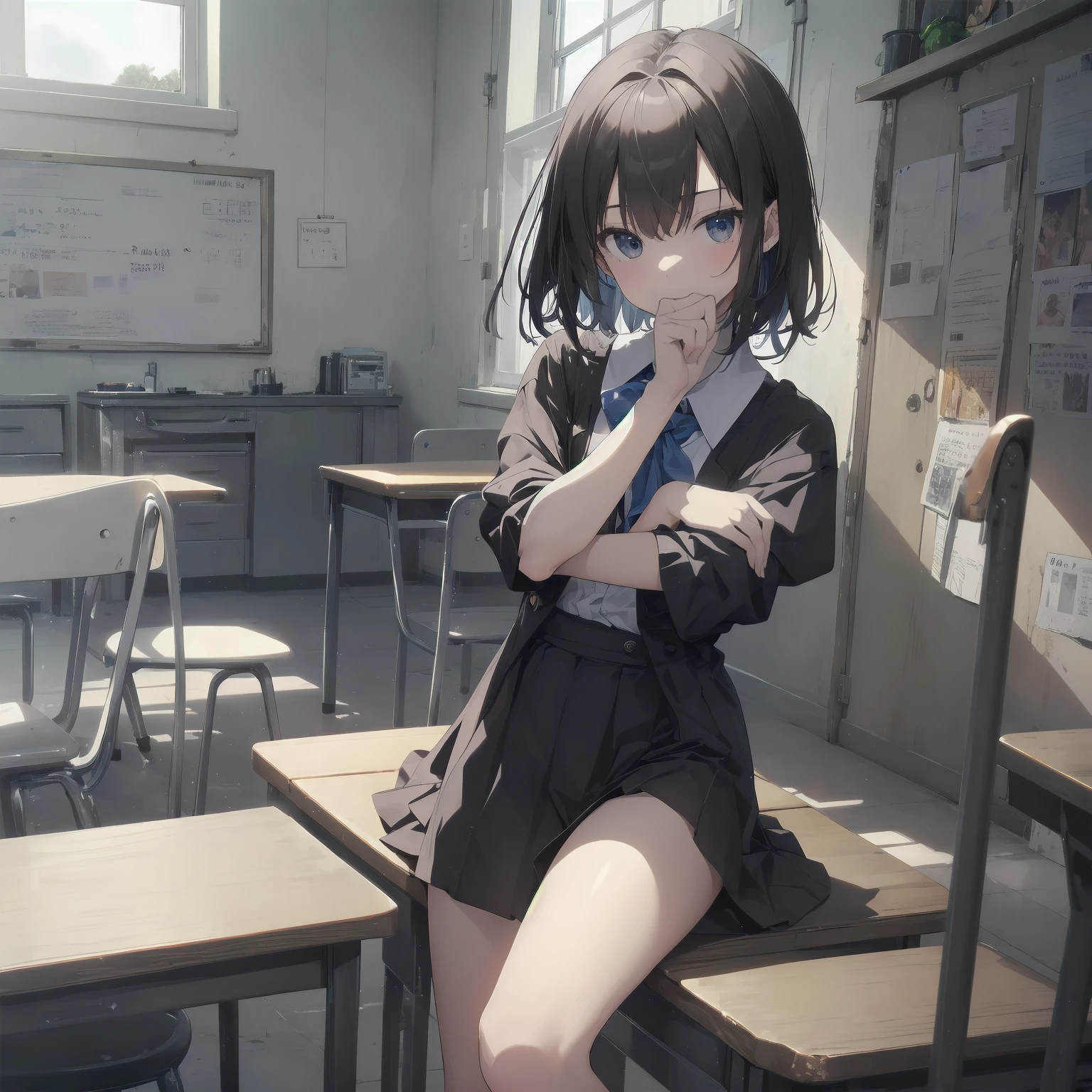 Portraiture, Documentary Films, photograph, 一人の少女は13 のMiddle school studentsである,Short black hair,Small underbust, classroomの机で眠い目をしながら勉強している, short hair, classroom, high quality, Realistic, Eye-level shot, Medium Shot, Front view, Natural light, Learning and fatigue.break,One girl, (alone,Loli face,13 years he charm of androgyny, (Very short hair), Flat Chest, Small Ass, Beautiful and delicate black eyes, Disgusted Eyes, sitting on a wooden chair, break,((最high quality,Anime Style, Super detailed,High resolution,Highly detailed CG,unity 8k wallpaper,Created by famous artists,Perfect Anatomy,Highly detailed skin,Cinema Lighting)),