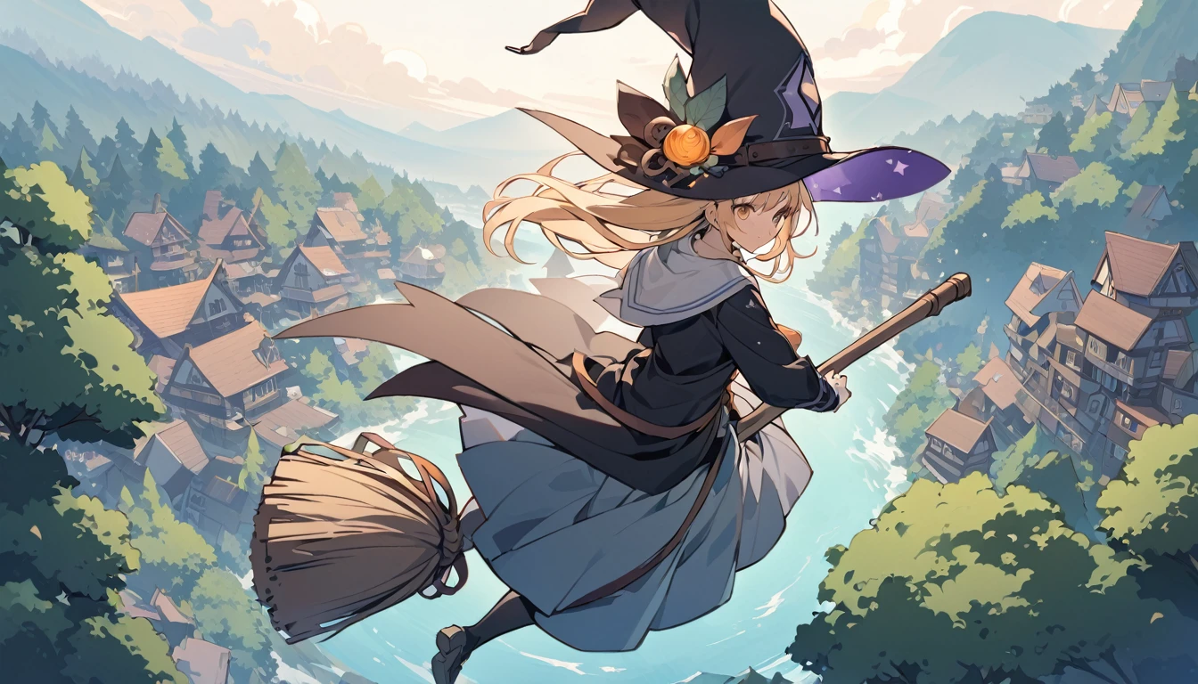 Woman flying in the air astride a broom,witch,Blonde,Below you can see houses, forests, and the sea.