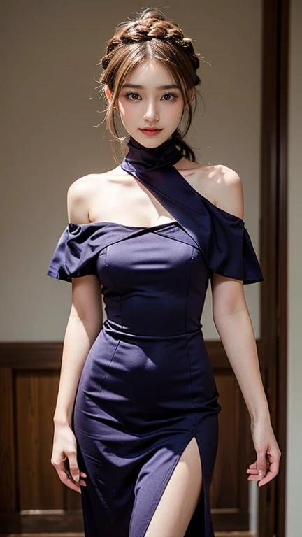 masterpiece, Highest quality, Very detailed, 8K, Realistic, Soft Focus, Beautiful attention to detail, Detailed face, double eyelid, One girl, alone, Beautiful Skin, Real human skin, whole body, Incredibly beautiful proportions、10 head and body,Beautiful and firm breasts, Beautiful cleavage, Mature Body, 18-year-old girl, beautiful girl, Japanese Idols, (French Braid:1.3), Brown Hair, Wearing layers, break, (Purple high neck off-the-shoulder sleeveless long dress:1.3), break, White fur decoration on chest, Standing position, Atmospheric lighting in the venue, Captivating smile, Model pose, Browsing Caution