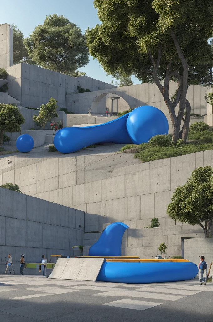 3d model, Rugged concrete barrier featuring a diminutive perforation, a bulging blue rubber balloon element partially visible and deforming the wall around the opening, cinematic side perspective, 4K vector illustration, figure, octane render volumetric, highly detailed videogame aesthetic