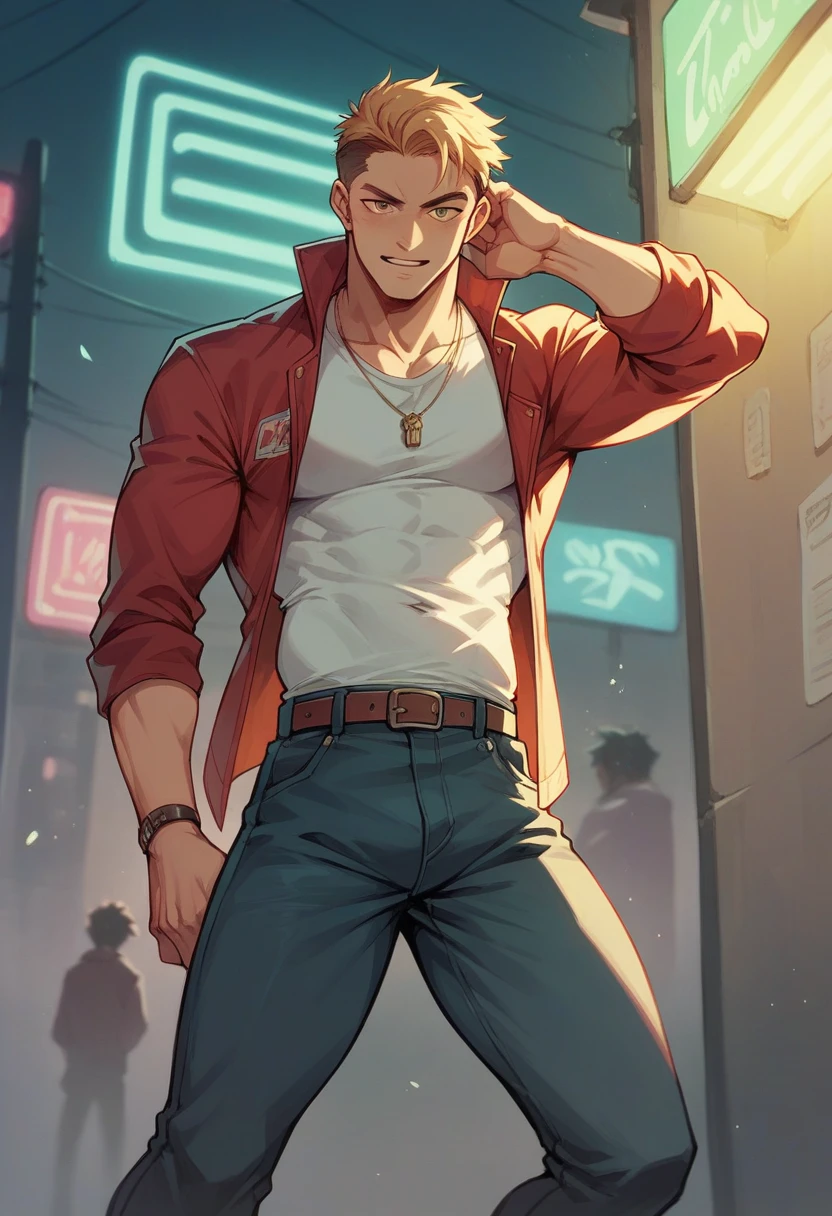 (saeba ryo city hunter ) blue suit jacket Red t-shirt, underwear, lewd smile, standing in front of a coffee shop. 