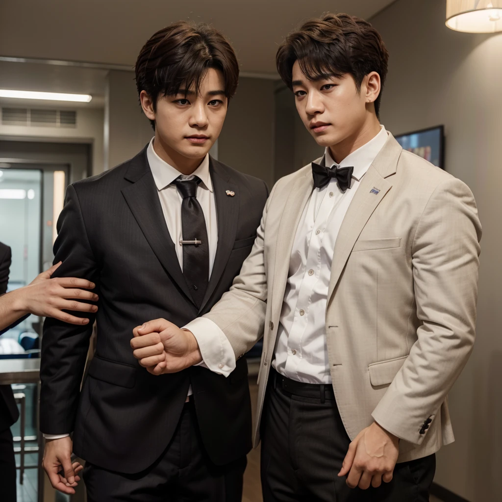 Bangchan grabbing Seungmin, realistic, Bangchan wearing a suit and Seungmin wearing a 