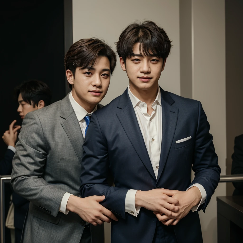 Bangchan grabbing Seungmin, realistic, Bangchan wearing a suit and Seungmin wearing a 