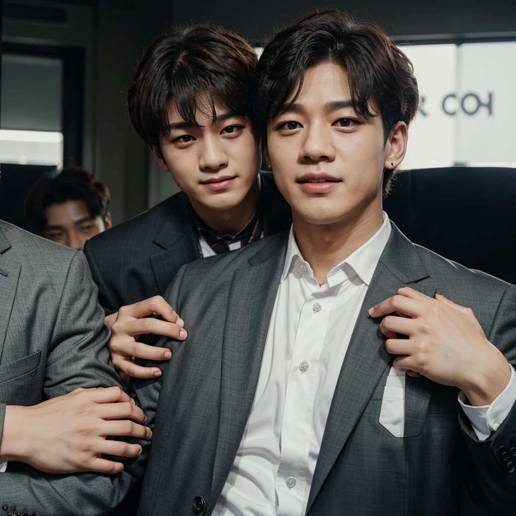 Bangchan grabbing Seungmin, realistic, Bangchan wearing a suit and Seungmin wearing a
