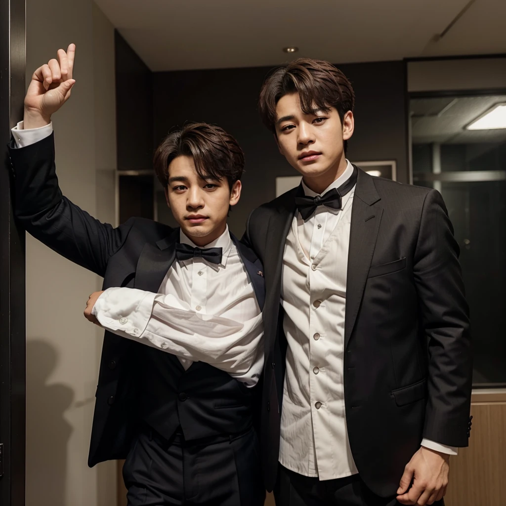 Bangchan grabbing Seungmin, realistic, Bangchan wearing a suit and Seungmin wearing a 