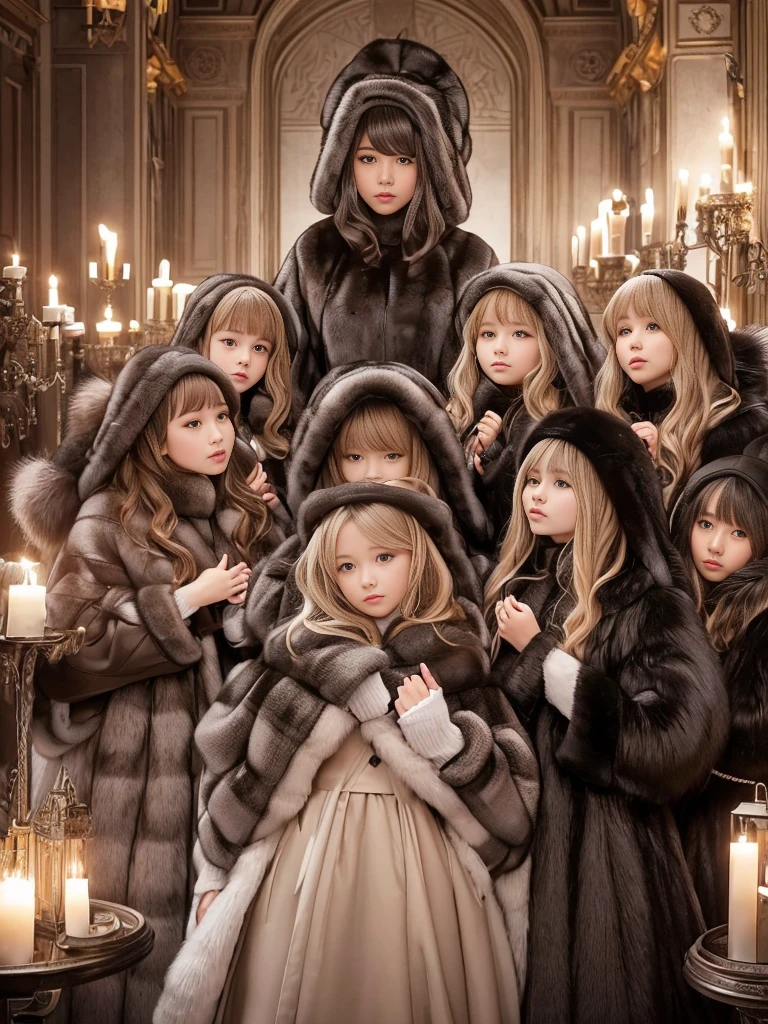 fluffyの毛皮。fluffy、Surrounded by fair-skinned, young-looking Russian girls。Women wearing fur dresses and veils covering their faces are lined up。Beautiful women in luxurious furs。The dark dungeon of an old stone castle。Fisheye Lens、Fur coat。Multiple women。