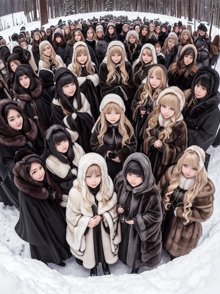 fluffyの毛皮。fluffy、Surrounded by fair-skinned, young-looking Russian girls。Women wearing fur dresses and veils covering their faces are lined up。Beautiful women in luxurious furs。The dark dungeon of an old stone castle。Fisheye Lens、Fur coat。Multiple women。