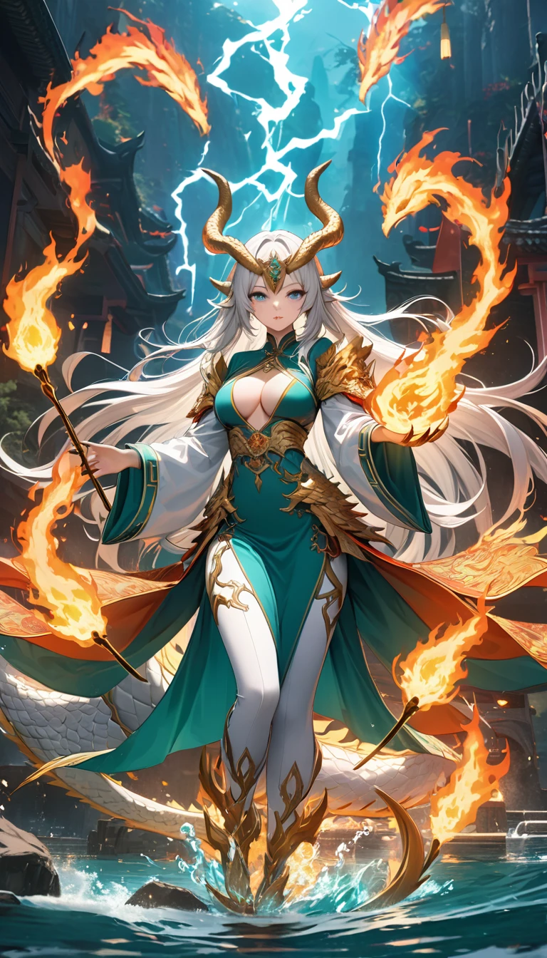 Adult woman, very long white hair, turquoise eyes, red lipstick, Chinese Dragon horns, dragon tail, claws, fire magic, water magic, lightning magic, white tight pants, green Chinese dress, long sleeves, golden elements, open breasts, open belly, wide neckline, Dragon Goddess, Masterpiece, best quality, Full HD, 8k, ultra details, great graphic