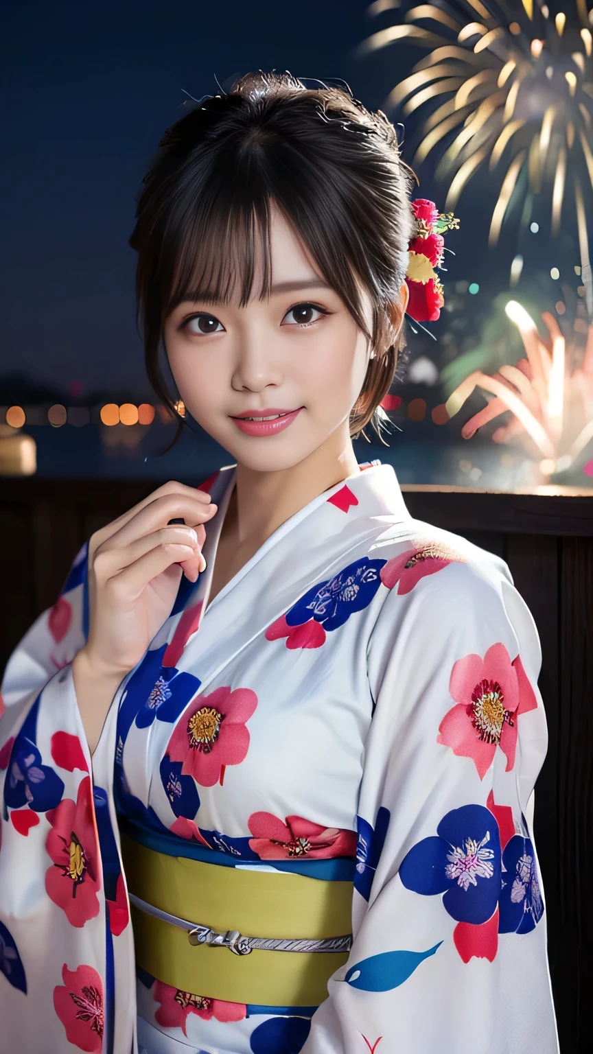 (8K、RAW Photosgraphy、Highest quality、masterpiece:1.2)、(Realistic、Photorealistic:1.37)、Ultra-high resolution、One Girl、cute、solo、night、Sitting、date、(Nose redness)、(Laughter:1.1)、(Closed)、huge 、Beautiful Eyes、(short hair:1.2)、(((Fireworks bursting into the sky、night)))、(((kimono、yukata)))、Cleavage、Perfect body、Perfect Fingers、Professional Lighting、Japanese Goddess、gravure、Detailed face and skin texture、Detailed eyes、RAW Photos