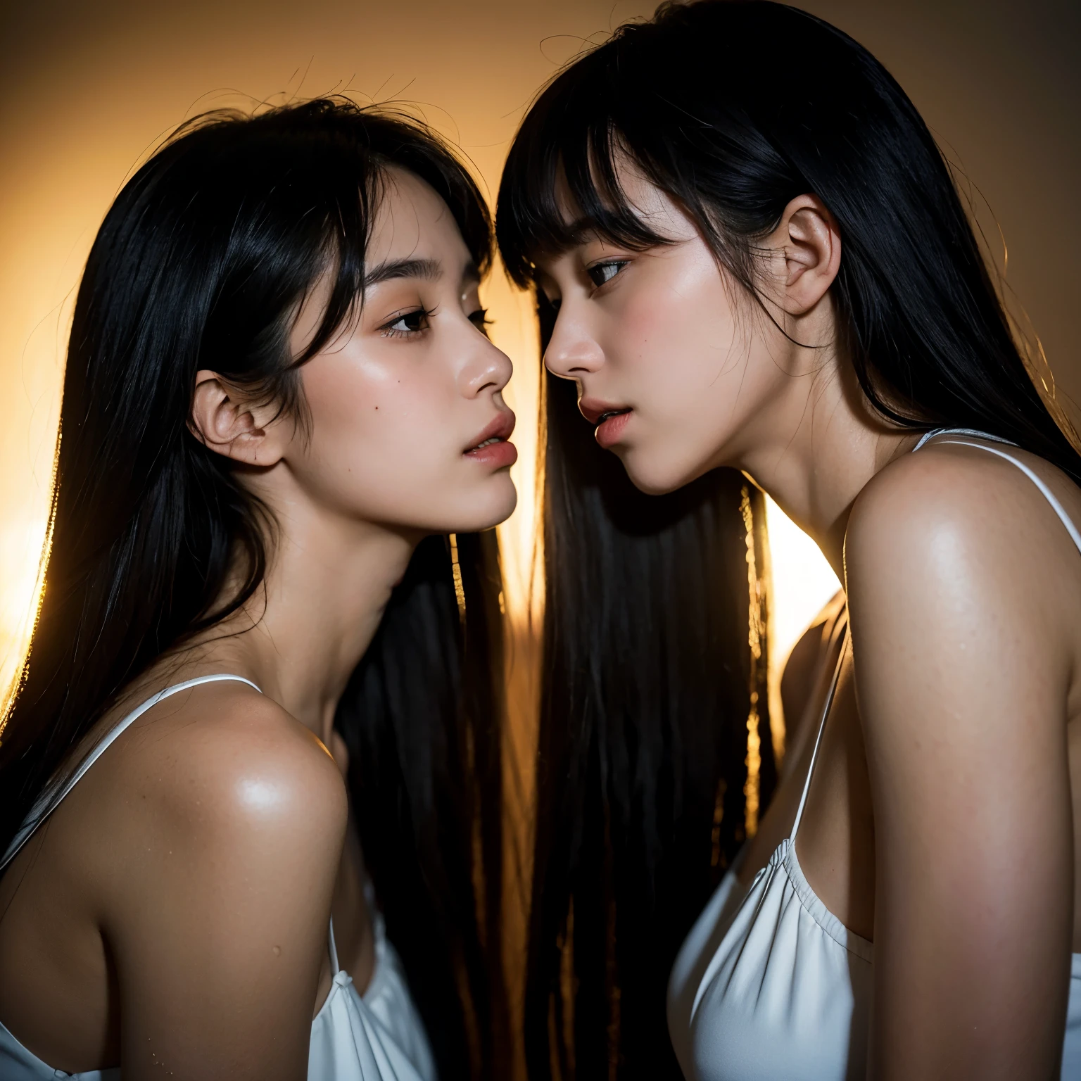 (In the same space, two identical twin hair models are lying on a bed facing each other, embracing each other, closing their eyes and kissing, photographed from the chest up.) ((They both closed their eyes and kissed:1.4)) (The two are identical clones, Wear the same clothes, stop temporarily, Hairstyle, exterior.:1.5) ((Beautiful 18-year-old model with long black hair, girl with super length Hair, extremely length Hair, extra length Hair, very long, Flowing Hair, very length Hair, length Hair girl, very long, Flowing black hair, length Hair windy, Very long black hair, length, Flowing Hair,Incredibly long-lasting hair, length Hair!!!! Her highest quality hair is long and straight., very long, highest quality black hair, length hair in the center, Highest quality long straight hair, length, straight, beautiful, High quality hair, length and free black highest quality straight hair, length Hair, length and straight, highest quality black hair, Perfect silky straight hair of the highest quality, straight, highest quality black hair, length black straight hair, length, Thin black hair Her hair is long and straight, very long black hair, length hair in the center, length straight hair, length, straight, beautiful hair of the highest quality, length Hair, length, straight black hair, length and free straight black hair, straight black hair)) (Her bangs are perfect.:1.3) (Pure white wall background:1.8) (Japan's most sexy and beautiful 18-year-old beauty model) ((highest quality)), ((masterpiece)), (Familiar) (Get used to it) Perfect Face (Her skin is a typical Japanese skin color.....、And very detailed) (Big Breasts:1.3) (She has a beautiful face and a typical Japanese figure...., Narrow eyes) (She has perfect beautiful makeup and face Lipstick is light red A solid eyeliner) ((Rich 1.4)) (Extremely detailed 8K) (Ultra-fine skin texture 1.4) (Actual, Vibrant:1.4), double eyelid Sharp focus:1.2、Beautiful woman:1.4 Dynamic Lighting (Genuine RAW photos taken by professional photographers) Professional Hair Shine. (She has a bright and cheerful face) (((途方もなくlengthBlack hair 1.3))) (length, Shiny black hair, その女性はlengthBlack hairをしている, lengthBlack hair, Waist-length hair, very lengthBlack hair, thick shining black hair, black silky hair, length and shiny hair, lengthBlack hair, length, Flat Hair Ridiculously long hair, Black shiny hair, Very shiny, Abnormally long hair, 厚く輝く異常にlengthBlack hair,Jet black silky hair Her hair is とてもlength and straight length, Voluminous black hair that reaches down to her ankles unusually long black hair, unusually long black hair, Very long black hair) (Her face is slim and dignified.., length, Narrow eyes..々Nice face) (They are'They're both wearing the same white lingerie:1.5)