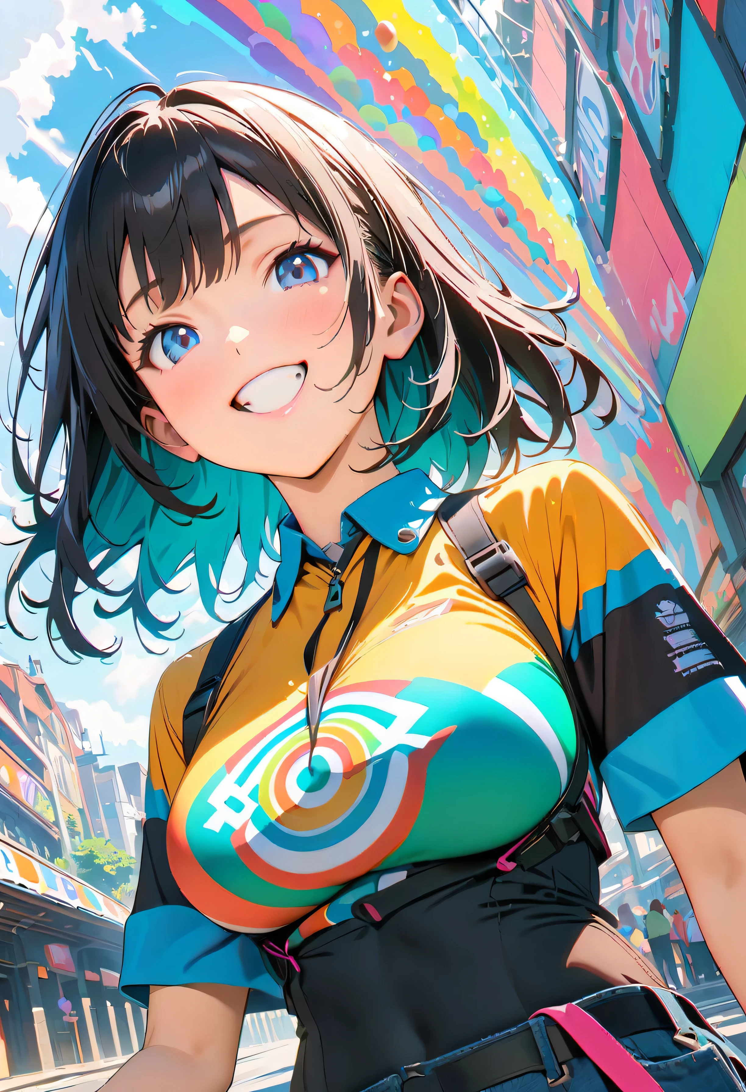 (masterpiece, Highest quality, Official Art:1.2), (colorful), Perfect Anatomy, Looking at the audience,One Girl, alone, White Background, floating colorful water, Ultra-fine illustrations, Highly Details, Dynamic Angle, Beautiful detailed, 8K, 壊す smiling amidst the colorful scenes, (High resolution), Anime Style