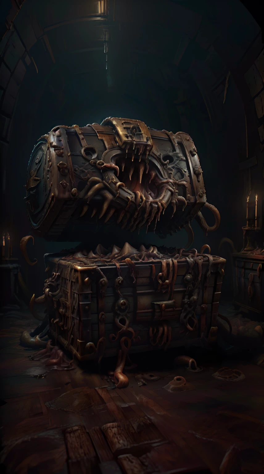 A detailed steampunk-inspired illustration of a creature imitating a ((well-formed iron chest made of wood and leather, in a dark, dank cave, with dripping water and tentacles:1.5)), (masterpiece: 1.3), ( best quality: 1.2), (high quality: 1.1), (photorealistic: 1.37), (extremely detailed: 1.2), (cinematic lighting: 1.2), (dramatic shadows: 1.2), (colors off: 1.1), iluminación de fogata