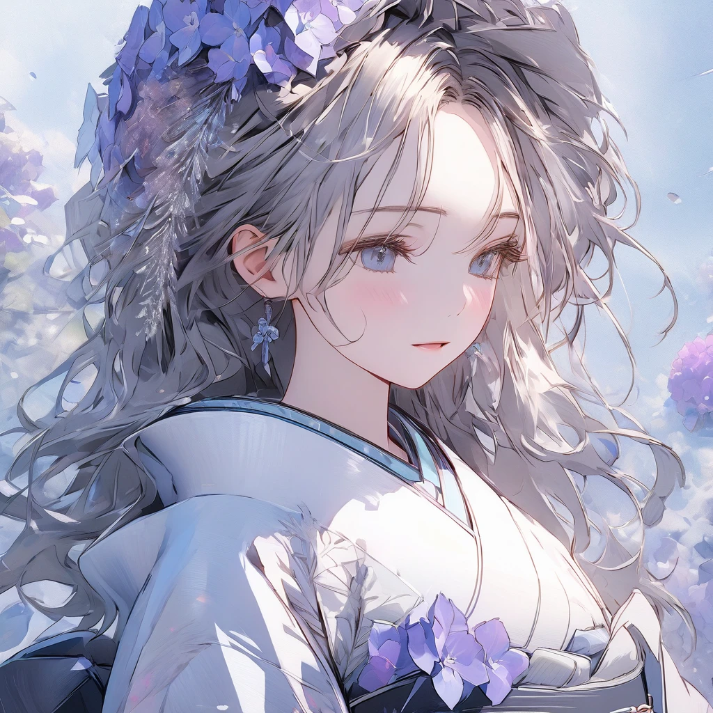 Hydrangeas, a beautiful girl, beautiful sky, detailed details, a large sky, a full-body image, detailed colors, dynamic angles, a beautiful Japanese kimono, BREAK ,quality\(8k,wallpaper of extremely detailed CG unit, masterpiece,hight resolution,top-quality,top-quality real texture skin,hyper realisitic,increase the resolution,RAW photos,best qualtiy,highly detailed,the wallpaper,cinematic lighting,ray trace,golden ratio\),