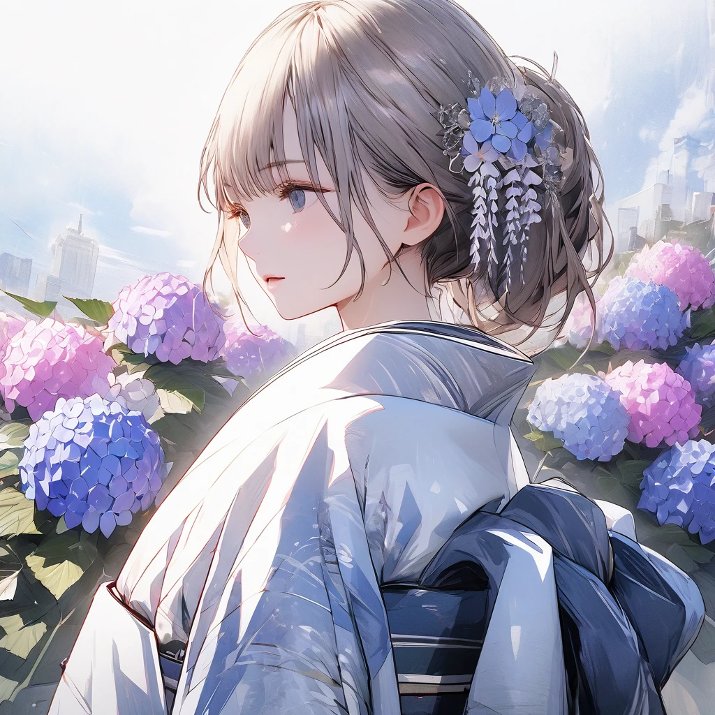 Hydrangeas, a beautiful girl, beautiful sky, detailed details, a large sky, a full-body image, detailed colors, dynamic angles, a beautiful Japanese kimono, BREAK ,quality\(8k,wallpaper of extremely detailed CG unit, ​masterpiece,hight resolution,top-quality,top-quality real texture skin,hyper realisitic,increase the resolution,RAW photos,best qualtiy,highly detailed,the wallpaper,cinematic lighting,ray trace,golden ratio\),
