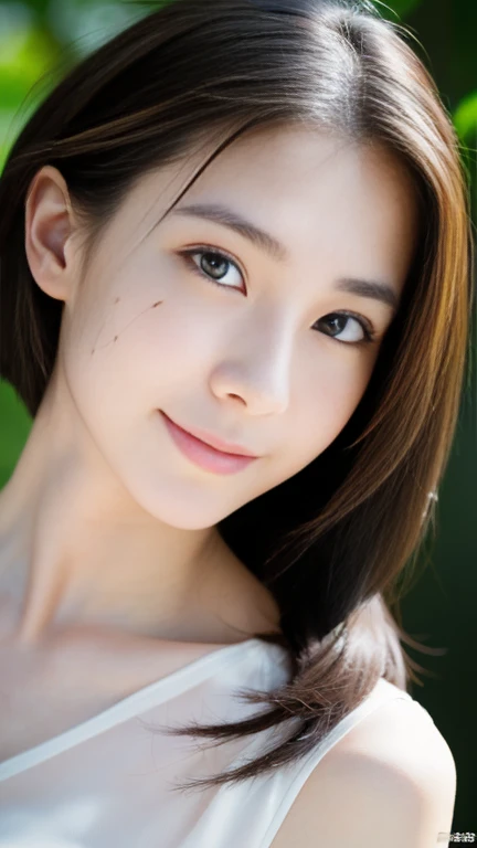 ((Portraiture)), ((Detailed facial features:1. 2))), ((Detailed facial features)), (Detailed skin), Pale skin, (Cool colors), (Composition from the waist up) (Perfect proportions)(Realistic photos)(Highest quality) (indirectly) Photographed with Canon EOS R5, girl、A shy smile、Big breast swelling、from the front、