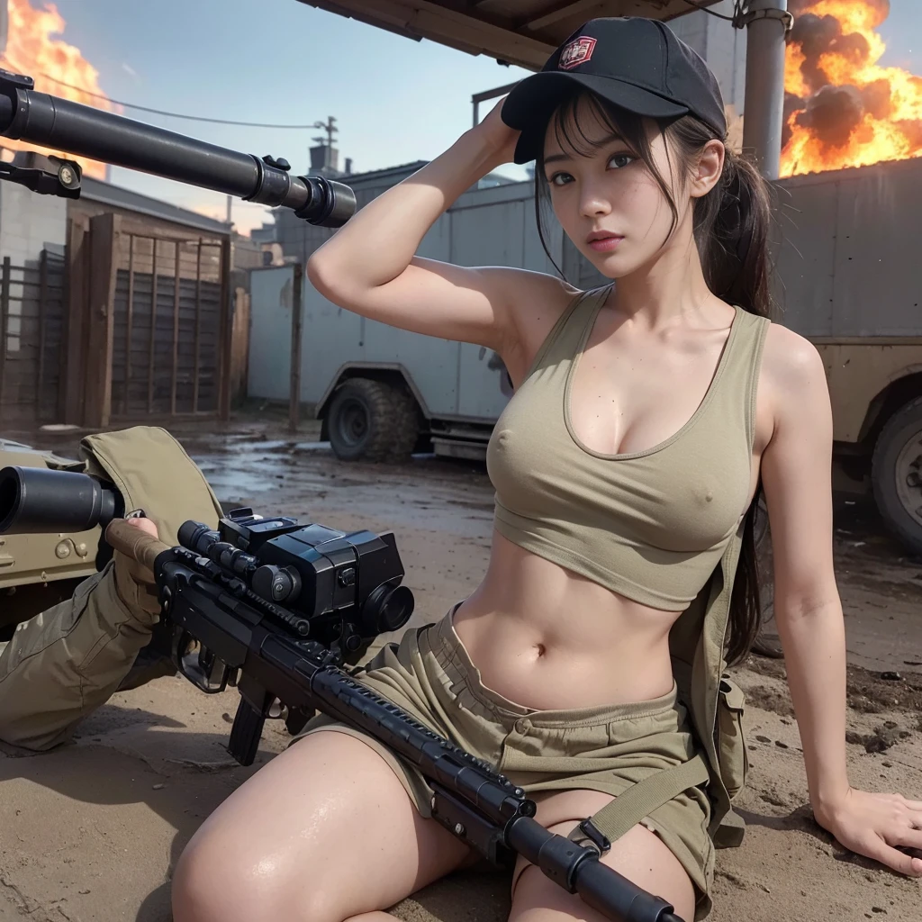 (8K, RAW Photos, Highest quality, masterpiece:1.2),(Realistic, Realisticな写真:1.4),(非常に詳細な CG Unity 8K 壁紙),(Round face: 1.5), (Detailed pupil:1.3),(Cool eyes:1.1),(A small smile:1.1),(Unforgettable Eyes:1.1),(Your eyes are so beautiful:1.1),
24-years-old, Japanese women, Dirty Face, Covered in scars、Bronze Skin, U in clothes.s. Marine Corps Uniform,Bulletproof vest、Backpack、Heavy machinery、 Fighting on the battlefield, Strong muscles, World war, Modern warfare theme,armyの少女, Assault rifle with accurate details, (Gripping the rifle: 1.3), (Aim そして hold the rifle.: 1.3), Gunfight, army, Baseball cap, car on fire, war zone,, explosion, Burning City, cigarette, Torn Tank Tower, belly button, Gloves, 破れたarmy用パンツ, Faces stained with mud and blood, Sweaty skin, bloody skin, Muddy skin, declaration of determination, Precise Representation, Highest quality, Ultra-high resolution, Realisticな, Spirit、Physically Based Rendering(Physically Based Rendering(Physically Based Rendering)), Cinema Lighting, Complex, Cinematic look,Cinematic soft light, Pleasant tone of voice, Battlefield Background, Background of urban warfare, Realistic, Cowboy Shot, Dynamic Angle,, Mahindrathar, electric wire, 8K!!, 偉大なmasterpiece,, make: Tom Karafik, (((Half naked with breasts visible))), (((Nipples peeking out from tank top)))